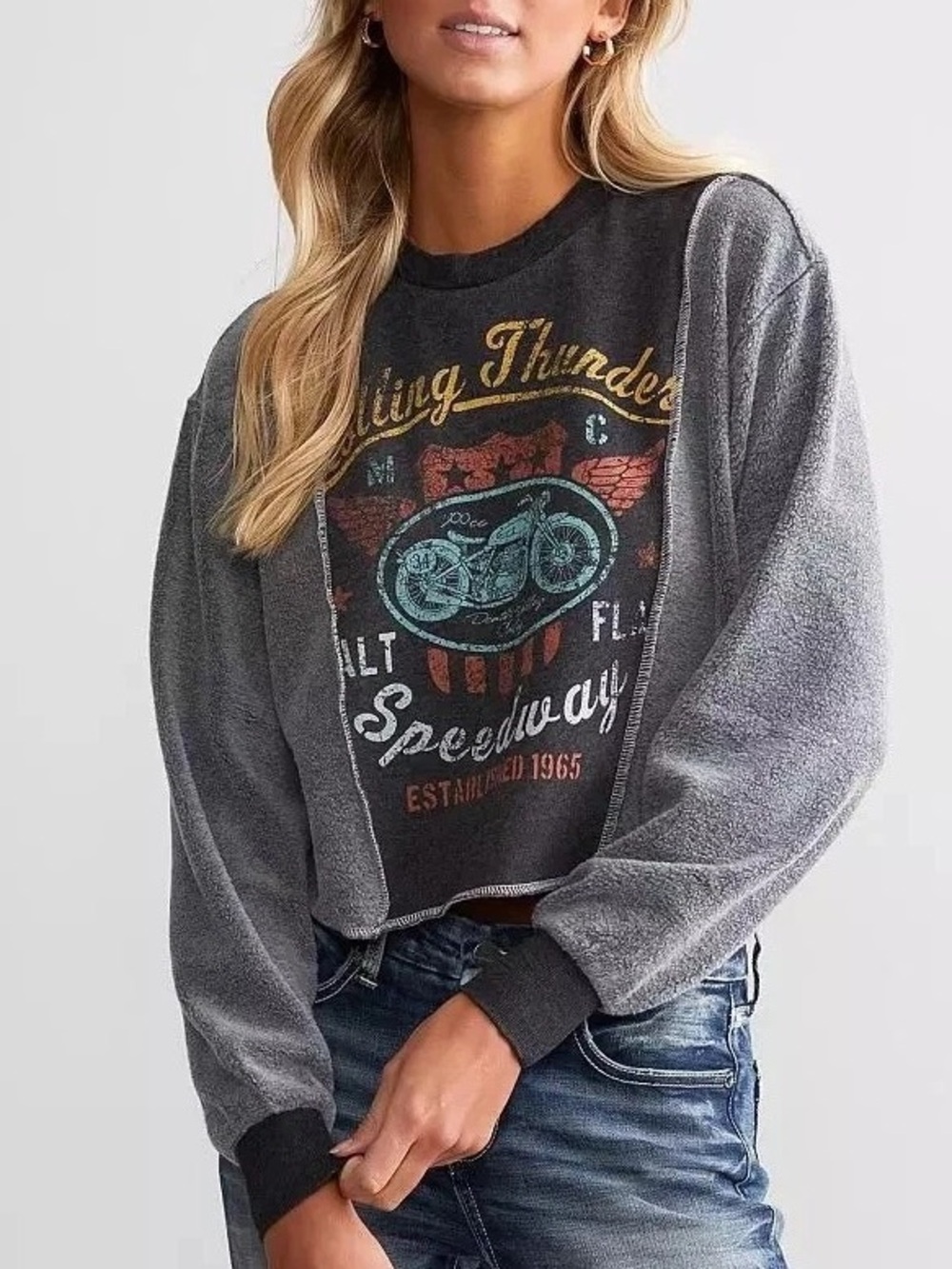 Modish Rebel Grunge Rolling Thunder Speedway Biker Crop Pullover Sweatshirt xs